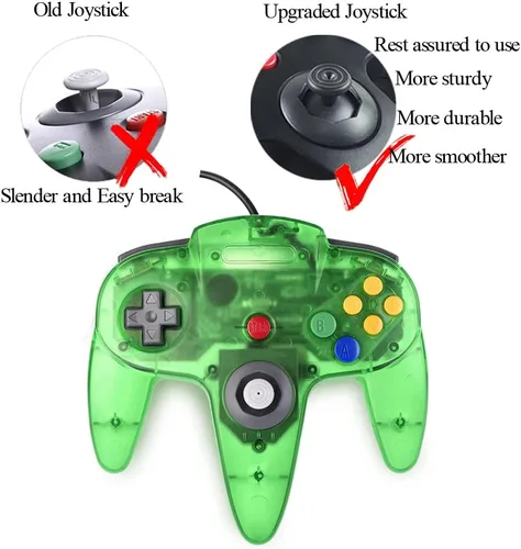 Vista 3 de Tevodo Controlador N64, controlador clásico con cable mejorado compatible con consola N64 (morado transparente y verde transparente)