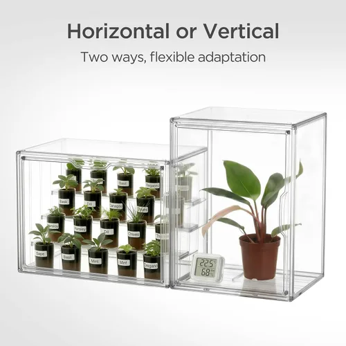 Vista 7 de HBlife Mini invernadero para interiores, casa verde apilable transparente con puerta magnética y separadores de drenaje ajustables, invernadero