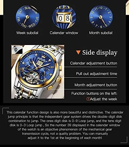 Vista 6 de OLEVS Relojes mecánicos automáticos para hombre, vestido de lujo, impermeable, cuerda automática, cronógrafo, de acero inoxidable, fecha luminosa