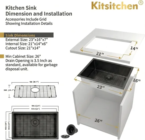 Vista 3 de Kitsitchen SUS304 - Fregadero de cocina negro para autocaravana, fregadero de cocina de acero inoxidable para montaje inferior, 23 x 16 x 7
