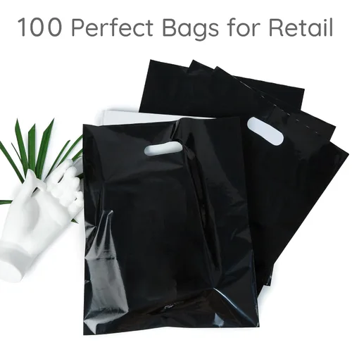 Vista 2 de Choice Marts 100 bolsas de plástico negras con asas – 12 x 15 pulgadas, bolsas de venta al por menor negras brillantes de 2 mil de grosor adecuadas