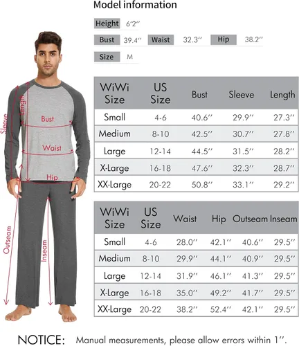 Vista 5 de WiWi Conjunto de pijama de bambú de manga larga para hombre, ropa de dormir de punto cómoda de 2 piezas, conjuntos de ropa de descanso