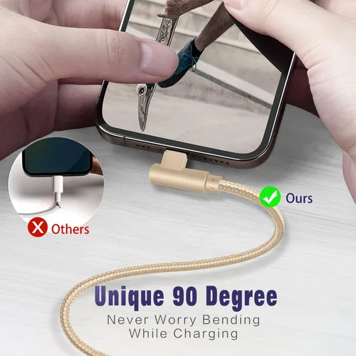 Vista 4 de Cargador para iPhone, paquete de 3 cables Lightning de 6 pies [certificado Apple MFi] Cable de carga rápida para iPhone de 90 grados, cable trenzado