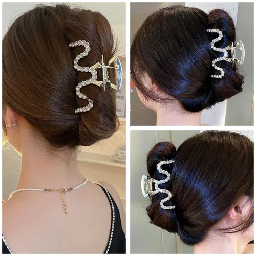 Vista 5 de Pinzas para el Cabello con Diamantes de Imitación, Textention Pinzas de Garra con Perlas de 3.4 Pulgadas para Cabello Grueso, Sujetadores