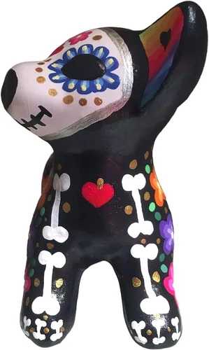 Vista 3 de Dia de Muertos. Perro de Catrina. Artesanía Mexicana. Monumento a las mascotas, recuerdo. Figura de cerámica para la decoración del Día de Muertos