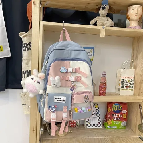 Vista 3 de Mochila Kawaii con pines Kawaii y accesorios mochila para laptop de 17 pulgadas para adolescentes mochila escolar para niños primaria B-Azul L