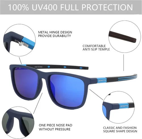 Vista 5 de ZENOTTIC - Lentes de sol polarizados cuadrados para hombre, marco TR90 ligero, 100% bloqueo UV, para conducir, pesca, golf, deportes