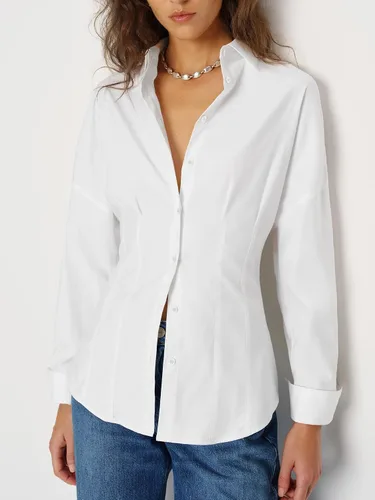 Vista 2 de Camisa de manga larga con botones para mujer, blusa plisada con cintura ceñida para uso casual y de oficina