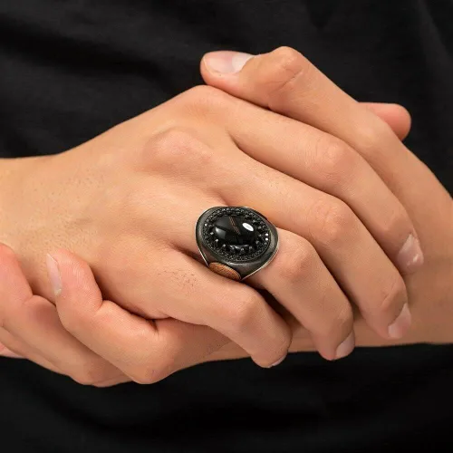 Vista 3 de Anillo de plata de ley 925 maciza con sello de Salomón con piedra de ónix