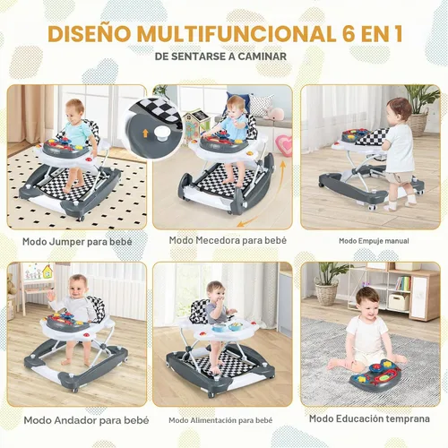 Vista 2 de BABY JOY Andador de bebé 6 en 1, andador de bebé plegable con ruedas, altura ajustable, música, luces, modo saltador y balancín, andadores de bebé