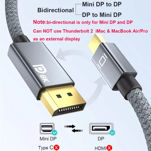 Vista 3 de QCEs Cable Mini DisplayPort a Displayport 1.4 de 8K de 10 pies, cable Thunderbolt a DP 8K @60Hz 4K a 144Hz Thunderbolt 2 (video de salida)