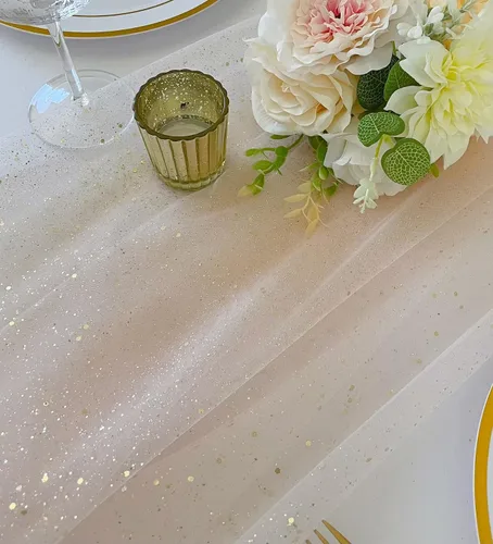 Vista 4 de PapaKit Camino de mesa de tul rosa rubor brillante, 27 pulgadas x 10 pies (3.3 yardas) para vacaciones, decoración de bodas, fiestas y decoración
