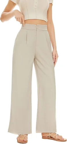 Vista 5 de FUNYYZO Pantalones de lino de cintura alta de pierna ancha para mujer, pantalones casuales de trabajo con cintura elástica