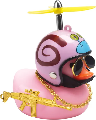 Vista 11 de wonuu Adornos de pato de goma para tablero de automóvil, juego de decoraciones de pato rosa con casco de hélice, lentes de sol, cadena dorada