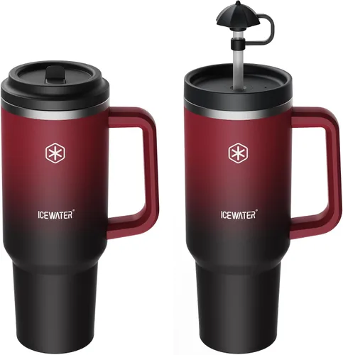Vista 8 de ICEWATER Vaso de 40 oz con 2 tapas (abatible y pajita estándar), 100% a prueba de fugas, vaso aislado con asa, compatible con portavasos, botella