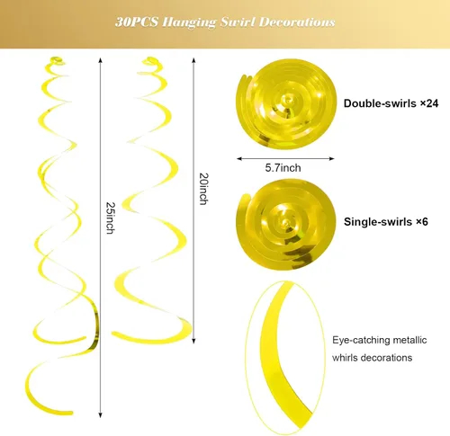 Vista 2 de Fumwase Decoraciones de remolinos para fiestas, decoración de remolinos colgantes de papel de aluminio dorado brillante para techo, serpentina