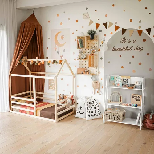 Vista 7 de Cama de casa para niños pequeños con rieles, Cama de piso para niños pequeños, Cama de piso Montessori para niños, Cama junior, Sofá cama para niños