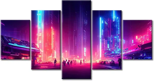 Vista 230 de Cuadros de 5 paneles de Cyberpunk City, arte de pared, representación de vallas publicitarias, edificios modernos en la capital con obras de arte