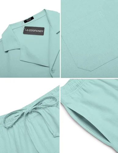 Vista 5 de COOFANDY Camisas de lino de manga corta con botones para hombre, conjunto corto hawaiano de playa de 2 piezas