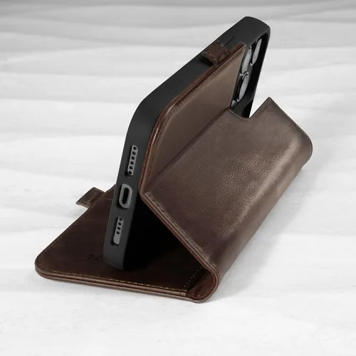 Vista 3 de TORRO Funda de piel compatible con iPhone 14 Pro – Funda tipo cartera de piel auténtica con tarjetero y función de soporte (marrón oscuro)