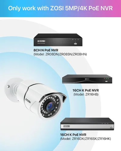 Vista 2 de ZOSI Paquete de 2 cámaras de seguridad PoE complementarias de 5MP con cables Ethernet, visión nocturna de 120 pies, IP66 resistente a la intemperie