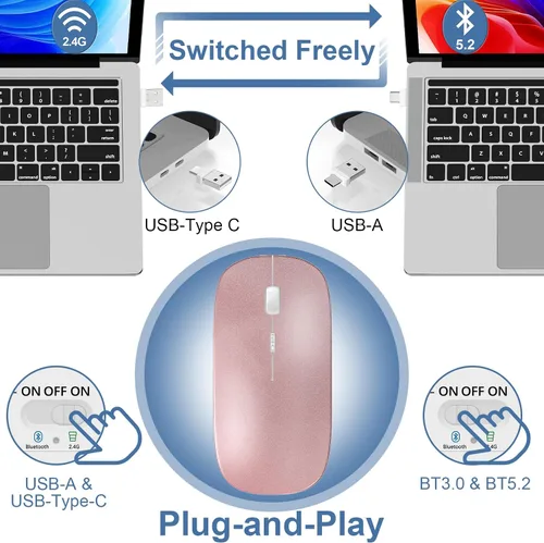 Vista 3 de Mouse para portátil inalámbrico Bluetooth - MacBook Air Mac Pro PC iPad óptico recargable silencioso ratón con interruptor de modo dual Jiggler