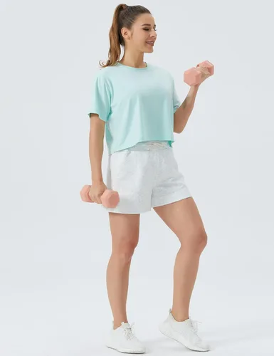 Vista 6 de THE GYM PEOPLE Pantalones cortos deportivos con cordón para mujer, cintura alta, pantalones cortos de entrenamiento de verano con bolsillos