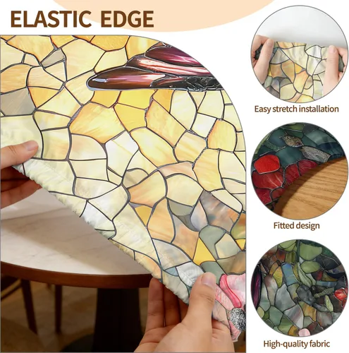 Vista 4 de Mantel redondo ajustable con diseño de borde elástico, impermeable, resistente a las manchas, lavable, se adapta a mesas redondas de 32 a 36