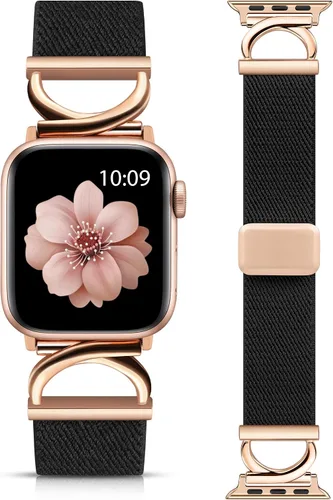 Vista 9 de Minyee Correa magnética elástica compatible con Apple Watch Band de 38/40/41/42/44/45/46/1.929 in para mujer, correa de metal en forma de C