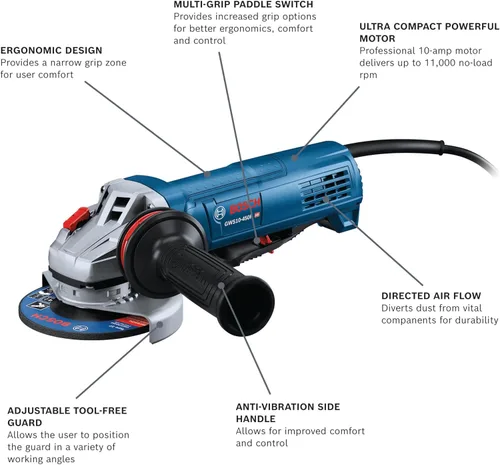 Vista 2 de Bosch GWS10-450P Amoladora angular ergonómica de 4-1/2 pulgadas con interruptor de paleta