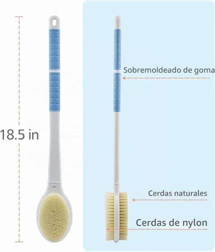 Vista 3 de Cepillo de ducha con cerdas suaves y rígidas, mango largo de 18.5" de doble cara, cepillo de baño para la espalda, exfoliador corporal para Azul