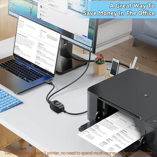 Vista 5 de Divisor de cable de impresora de 5 pies+5 pies para 2 computadoras USB/portátiles usando 1 impresora 1 In 2 Out USB-A to USB-B Extender Cord