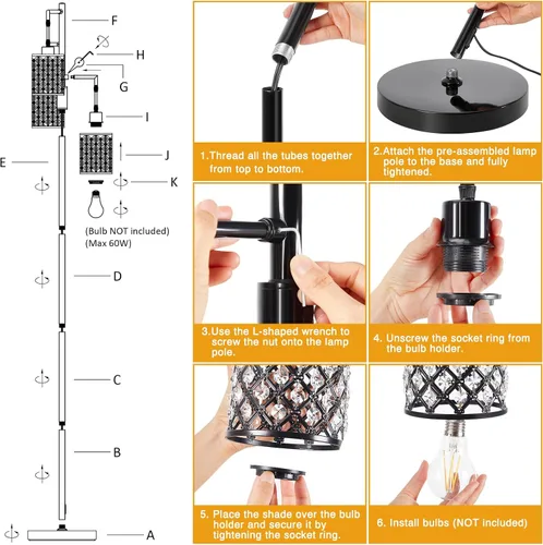 Vista 6 de Lámparas de pie de cristal GyroVu para sala de estar, lámpara de pie negra de 3 luces, lámpara alta de pie con elegante pantalla de cristal K9