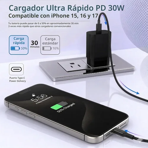 Vista 3 de TT&C - Cargador rápido USB C de 30 W con cables de 10 pies y 6.6 pies para iPhone 17, 16, 15 PD 3.0 Kit de bloque de pared compatible con iPhone