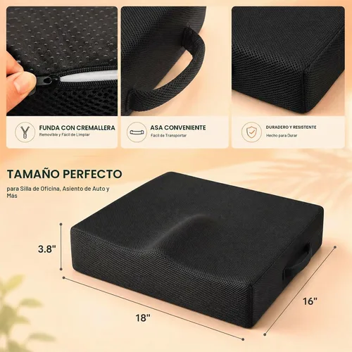 Vista 3 de Cojín de asiento de espuma viscoelástica extra grande con asa de transporte, cojín ergonómico para silla de oficina para alivio del coxis y dolor