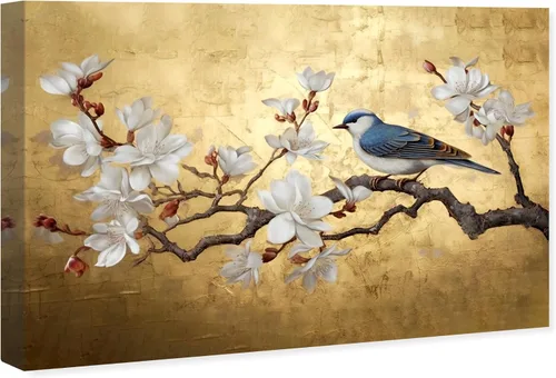 Vista 2 de Wynwood Studio Arte en lienzo envuelto contemporáneo floral y botánico, flor de rama con pájaro, arte de pared para sala de estar, dormitorio