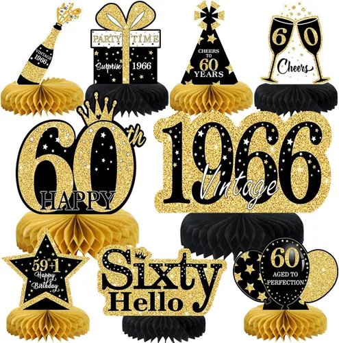 Vista 29 de 9 piezas de decoración de cumpleaños negro dorado 16 centros de mesa de panal para niños y niñas, centros de mesa de feliz cumpleaños 16 Oro negro 16