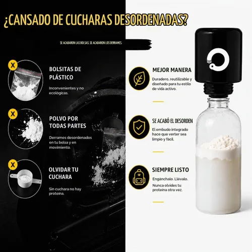 Vista 8 de ONMYWHEY Embudo de llavero de proteína y suplemento de doble cucharada (180 cc) para mirar en el espejo