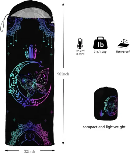 Vista 6 de HOSIMA Saco de dormir bohemio con diseño de mariposa para adultos, para clima frío y clima cálido, saco de dormir para niños, para camping