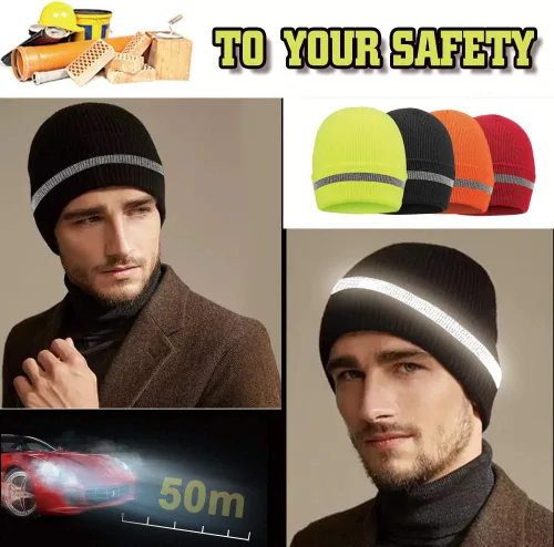 Vista 4 de Hi Vis - Gorro de seguridad para personalizar tu logotipo, gorro de punto de invierno con tiras reflectantes unisex