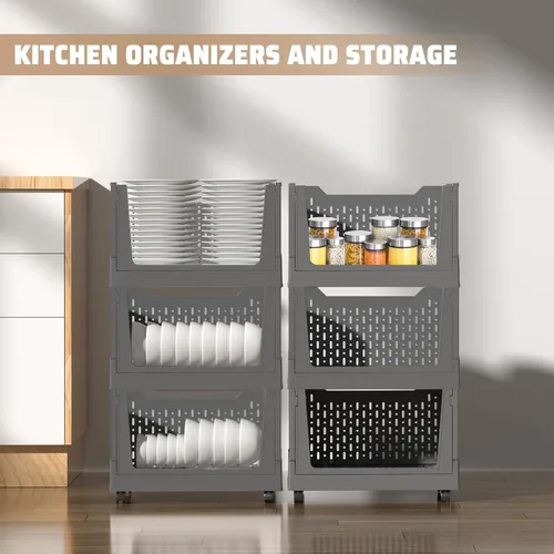 Vista 4 de Stackable Plastic Storage Bins, 3 Pack Foldable Closet Organizers and Storage Basket with Wheels, Collapsible Drawer Shelf Storage Box Container for