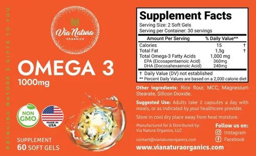 Vista 5 de Omega 3 1000mg Aceite de pescado Ácidos grasos EPA y DHA Sin OMG 60 cápsulas blandas