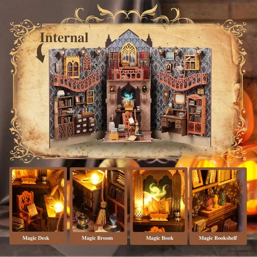 Vista 4 de Kit de rincón de libros, kit de casa en miniatura para bricolaje, casa de muñecas con cubierta antipolvo y luz LED, rompecabezas de sujetalibros