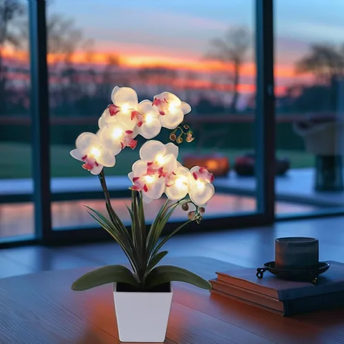 Vista 3 de Arreglo floral artificial con luces LED Homeseasons, funciona con batería, maceta con orquídeas, 9 luces Blanco