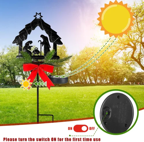 Vista 3 de Baquler 2 luces solares iluminadas de Navidad con estaca de belén, estaca de metal, impermeable, luz sagrada, decoración al aire libre con flor