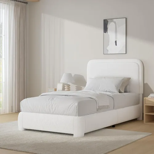 Vista 23 de BarnFurin Base de cama individual con cabecero, cama de plataforma tapizada Cloud Boucle, esquinas redondeadas suaves, no necesita somier, Beige