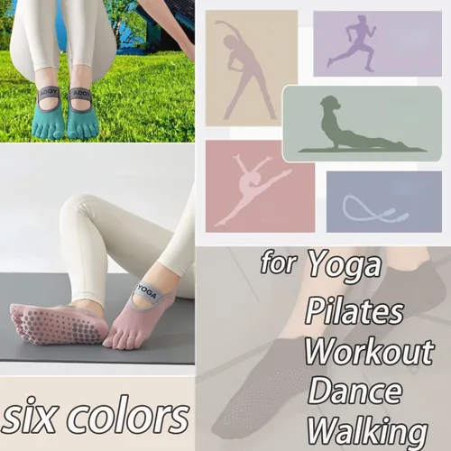 Vista 11 de CHUNFO Calcetines de agarre para mujer, calcetines de yoga para pilates, antideslizantes, teñido anudado, coloridos, de algodón, de compresión
