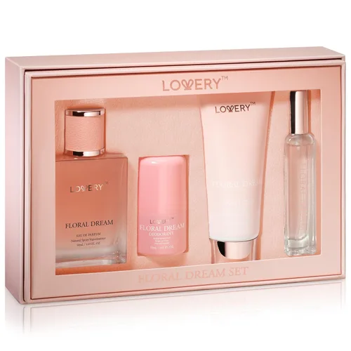 Vista 4 de Set de perfume y desodorante 4 en 1 para mujer, 4 piezas de perfume rosa Eau de Parfum - Set de regalo de perfumes para mujer con barra