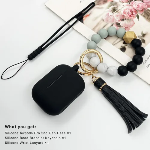 Vista 6 de Funda compatible con Airpods Pro de 2ª generación 2022, funda protectora de silicona suave con llavero de pulsera para Apple Airpods Pro 2 funda