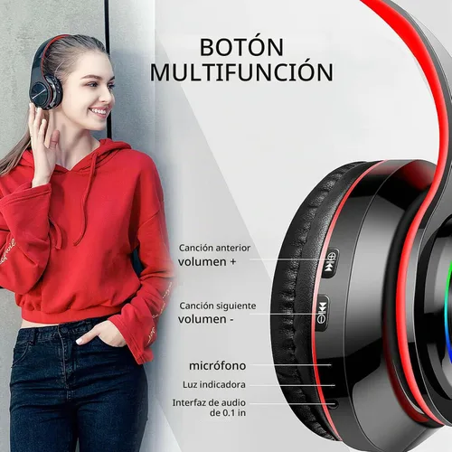 Vista 4 de Auriculares Bluetooth sobre la oreja, auriculares con luces LED y micrófono incorporado, ligeros, Bluetooth 5.0, auriculares HiFi estéreo